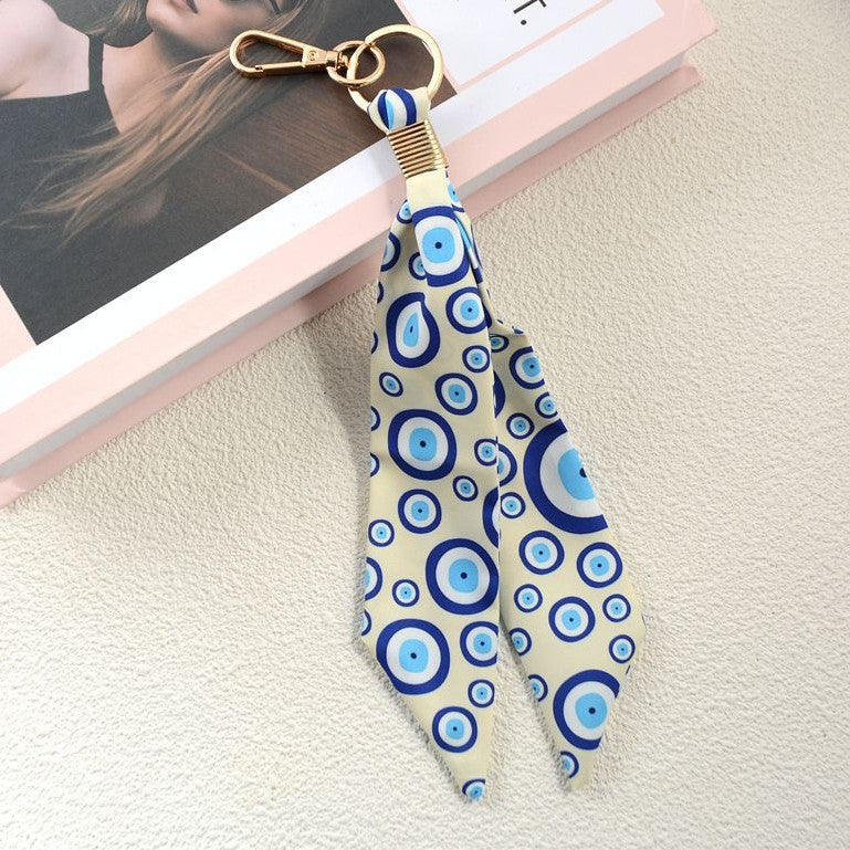 Printed Scarf Tassel Bag Charm Keychain - Beige