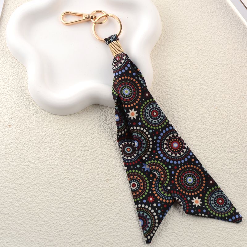 Printed Scarf Tassel Bag Charm Keychain - Black