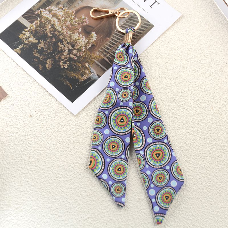 Printed Scarf Tassel Bag Charm Keychain - Purple