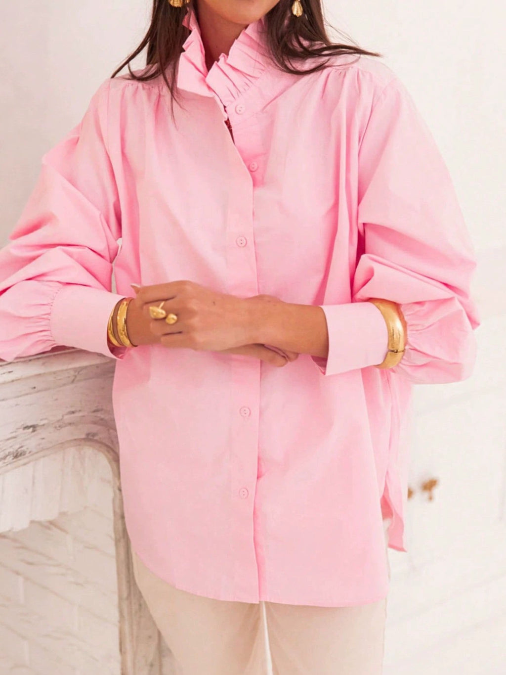 Pink Ruffle Collar Oversized Button Up Shirt - Pink - 2