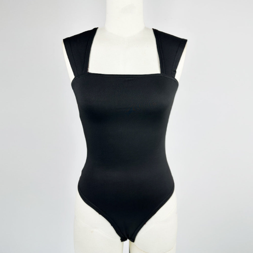 Square Neck Wide Strap Open Back Bodysuit - Black