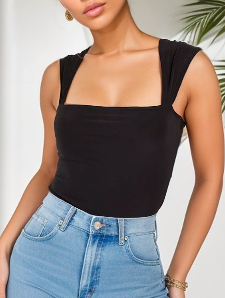 Square Neck Wide Strap Open Back Bodysuit - Black - 1