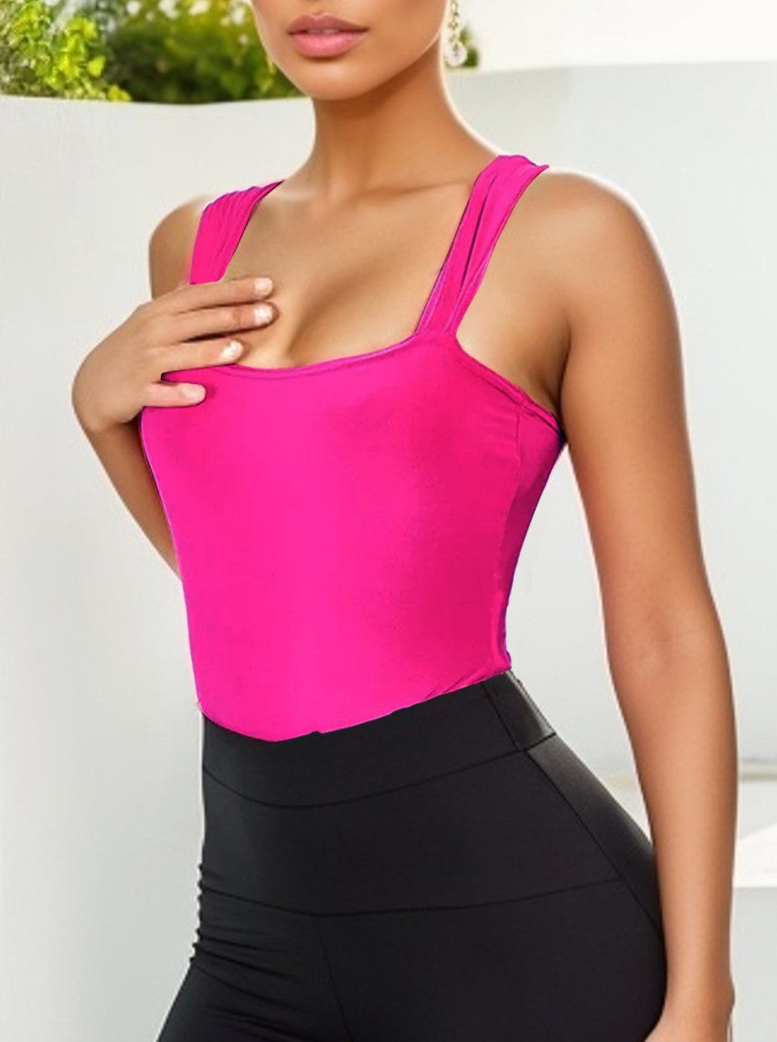 Square Neck Wide Strap Open Back Bodysuit - Grey - 2
