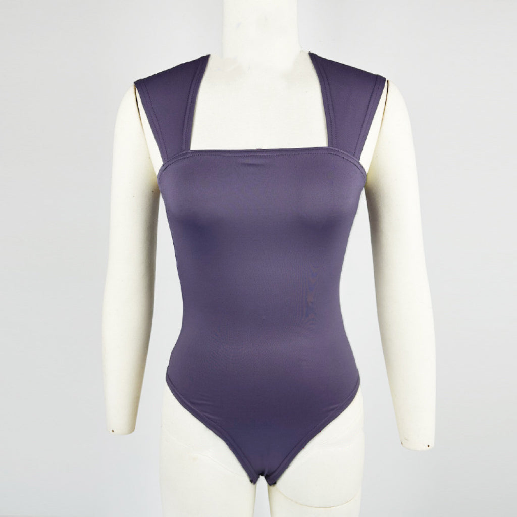 Square Neck Wide Strap Open Back Bodysuit - Rosered - 2