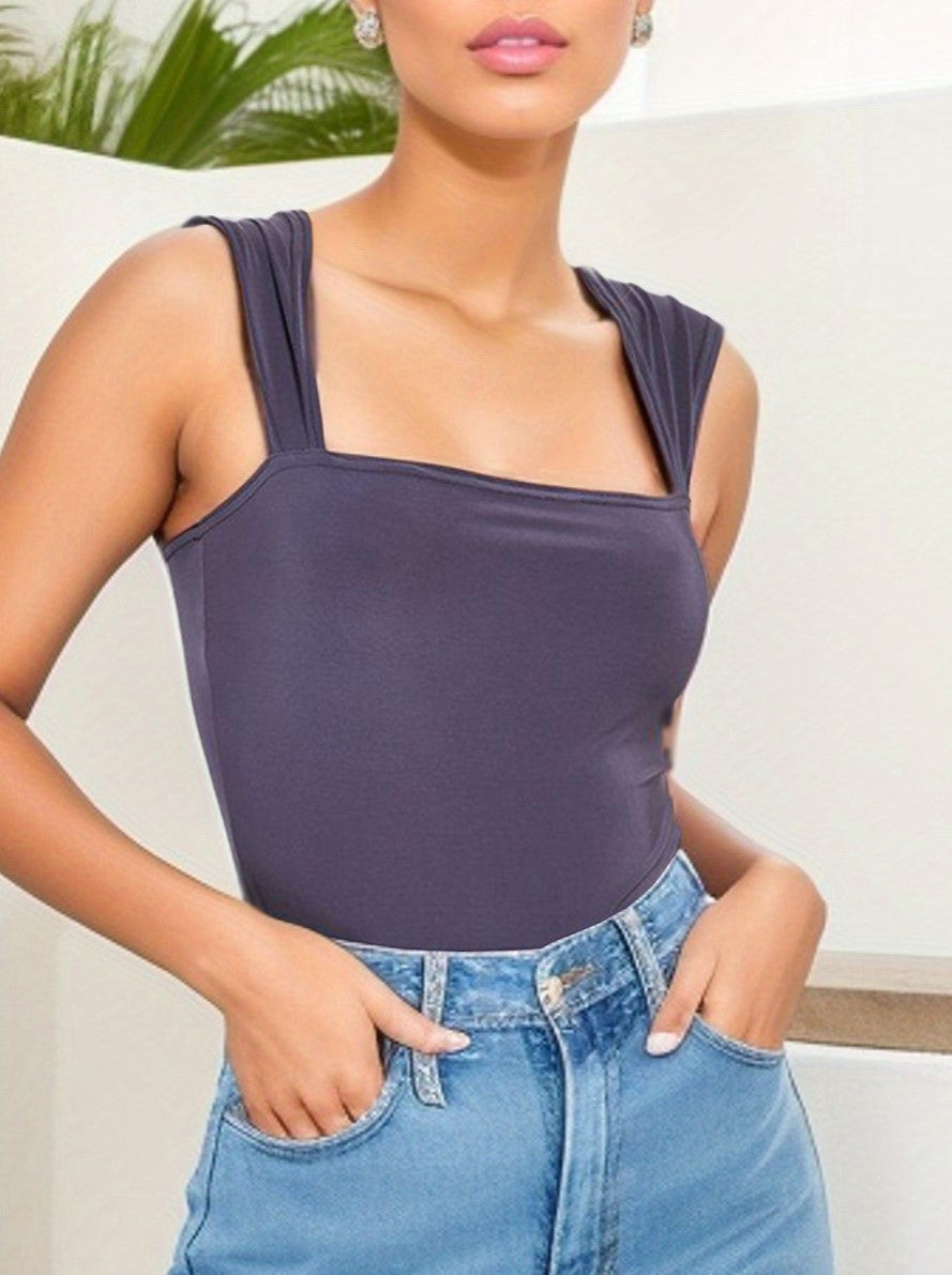 Square Neck Wide Strap Open Back Bodysuit