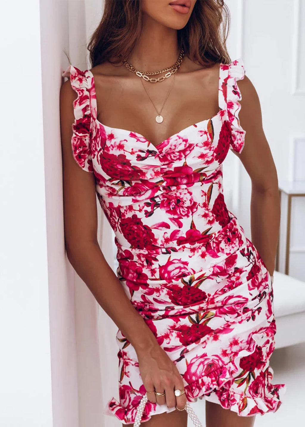 Ruched Floral Ruffle Strap Mini Dress - Color_07