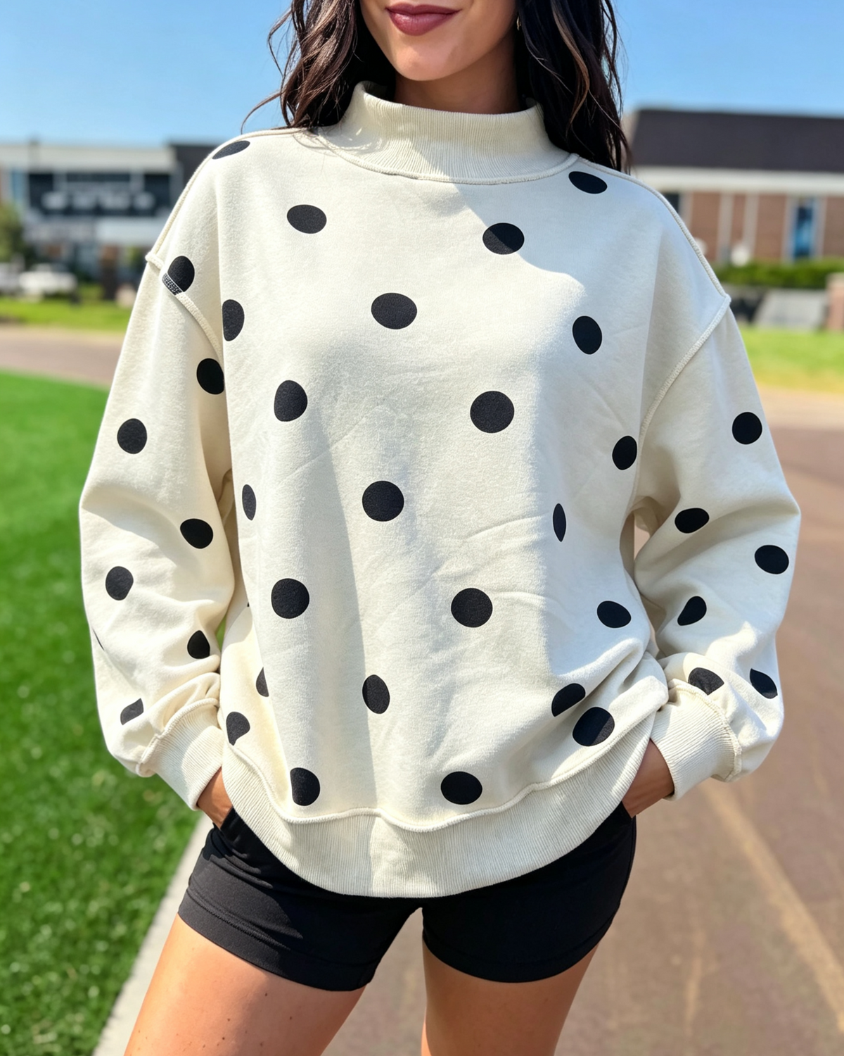 Brushed Polka Dot Drop Shoulder Sweatshirt - Apricot