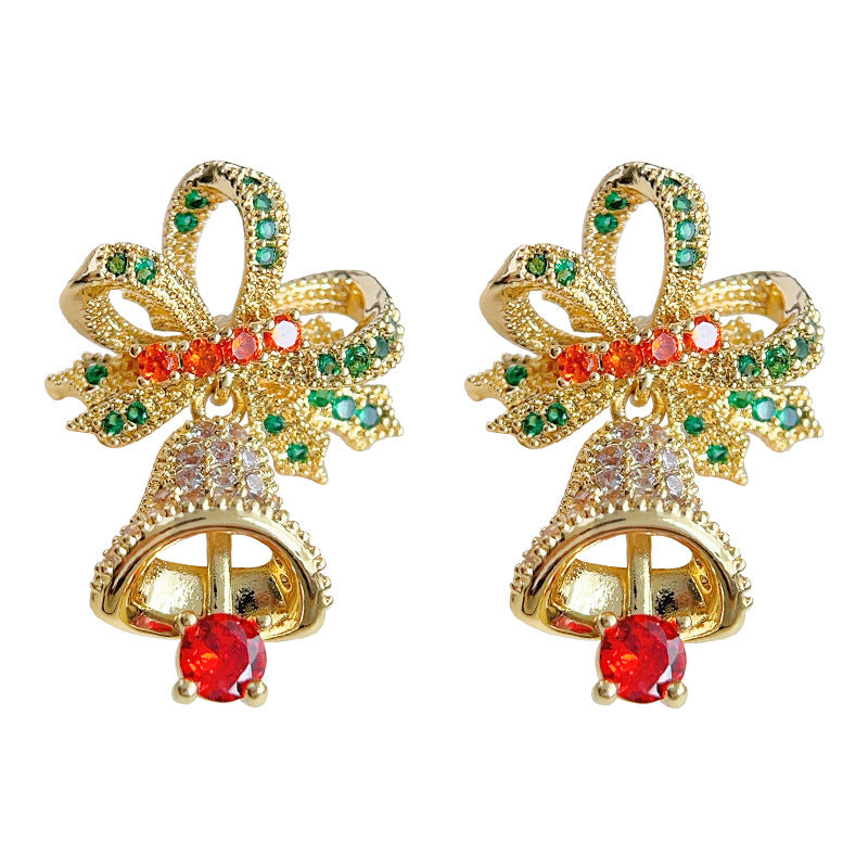 Rhinestone Bow And Bell Drop Earrings - Gold