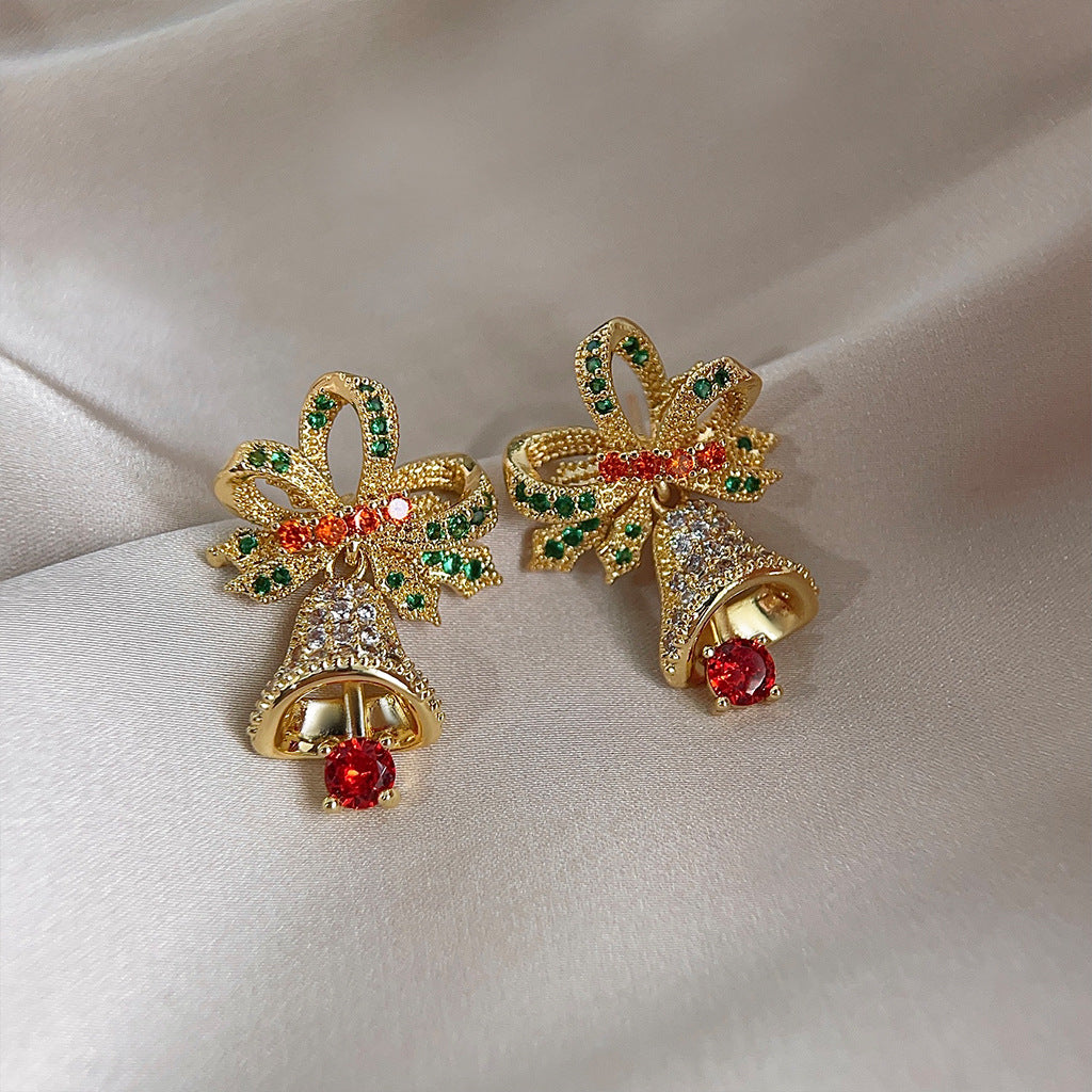 Rhinestone Bow And Bell Drop Earrings - Gold - 1