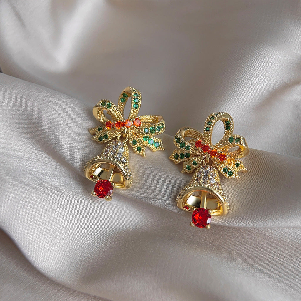 Rhinestone Bow And Bell Drop Earrings - Gold - 2