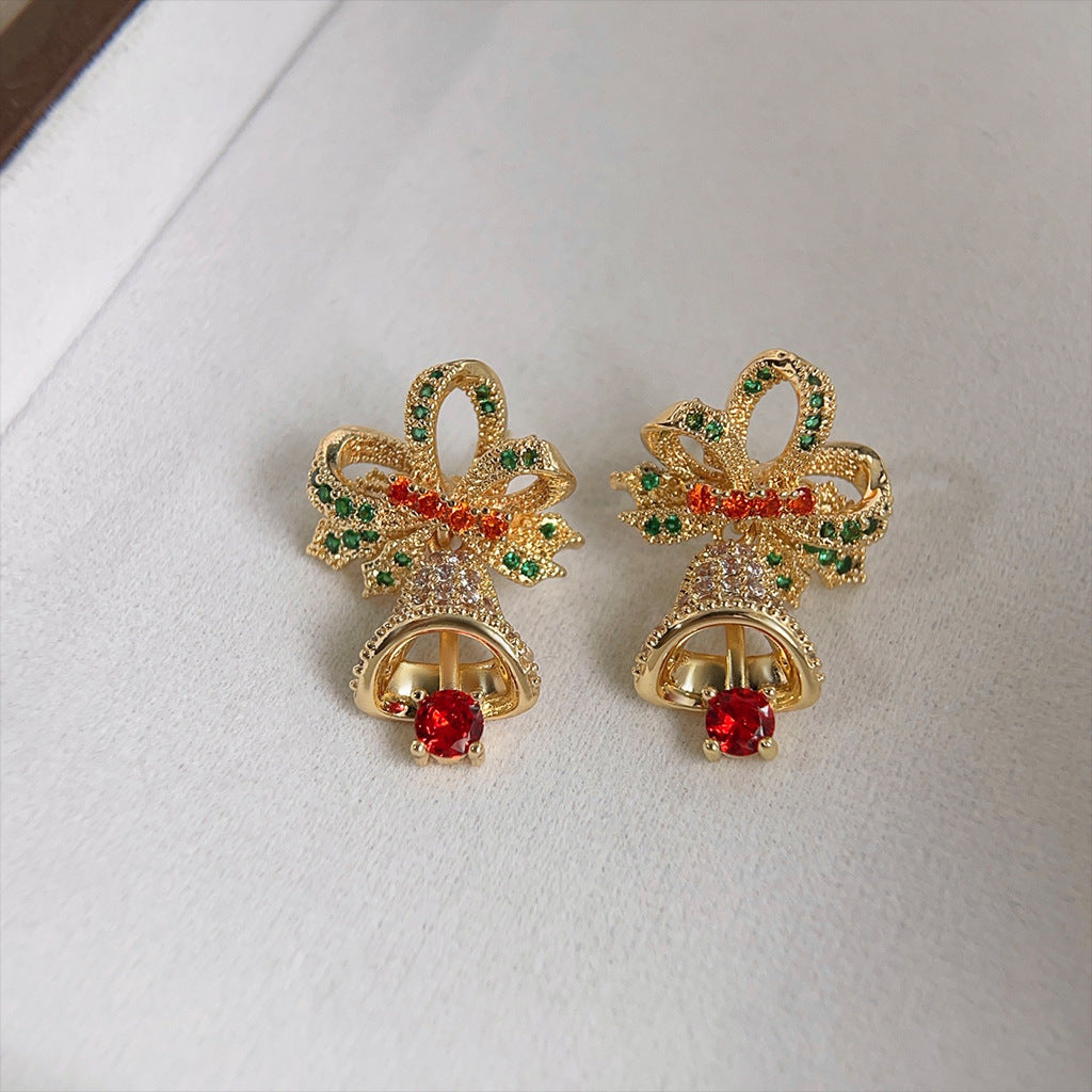 Rhinestone Bow And Bell Drop Earrings - Gold - 3