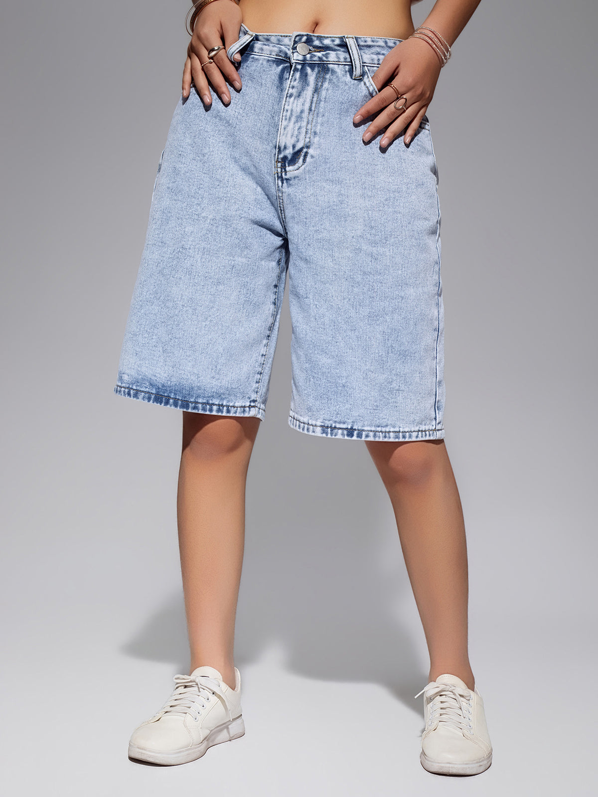 Vintage-Wash Longline Denim Bermuda Shorts - LightBlue