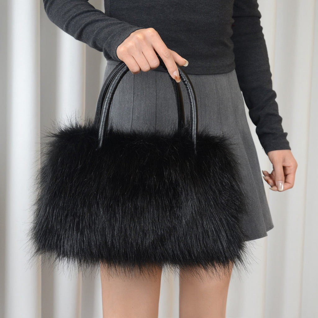 Fluffy Faux Fur Satchel with Shoulder Strap - Black