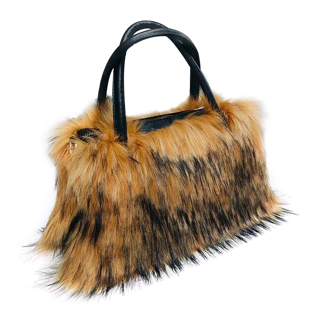 Fluffy Faux Fur Satchel with Shoulder Strap - Brown