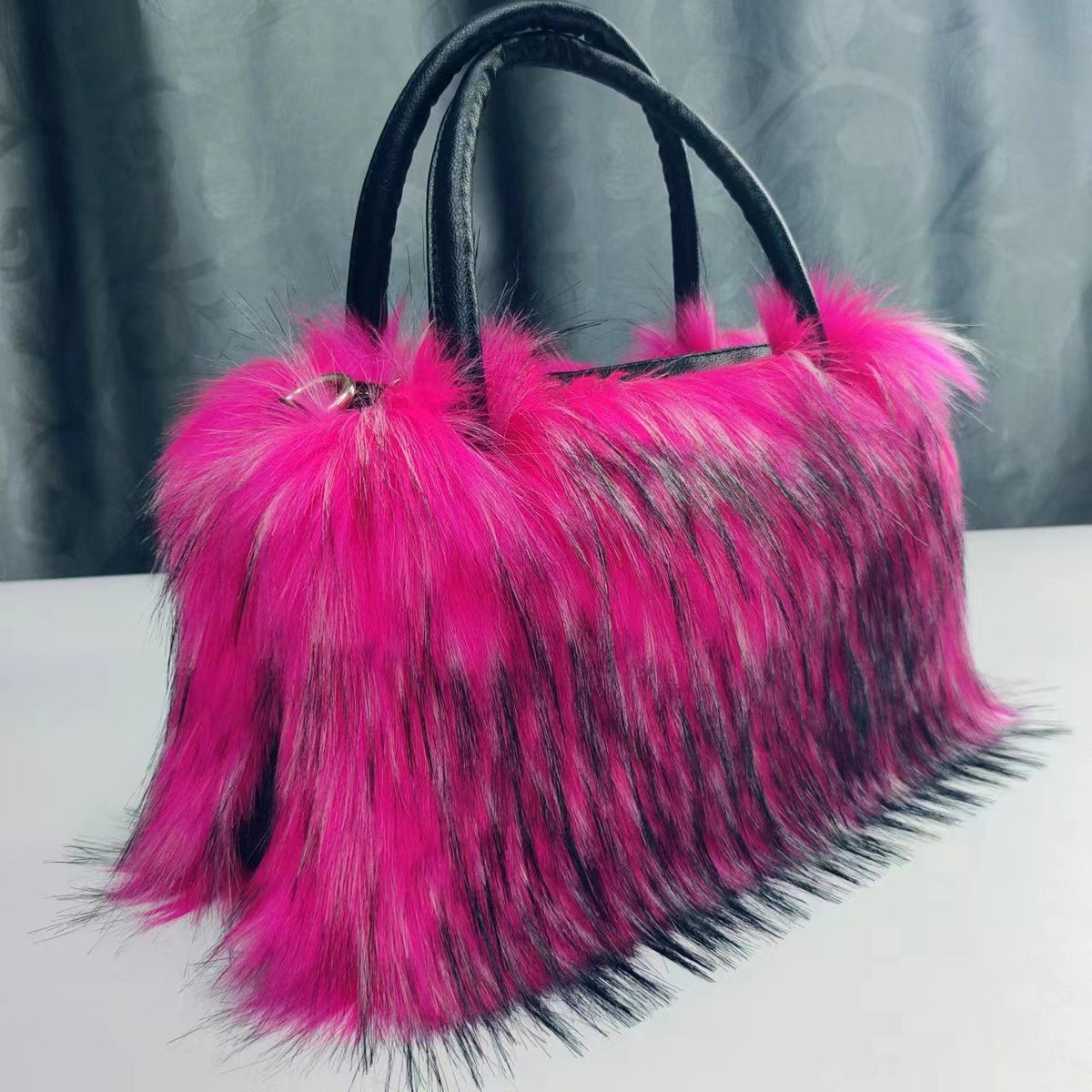 Fluffy Faux Fur Satchel with Shoulder Strap - Hot Pink
