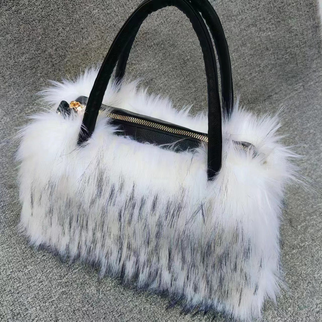 Fluffy Faux Fur Satchel with Shoulder Strap - White Frost