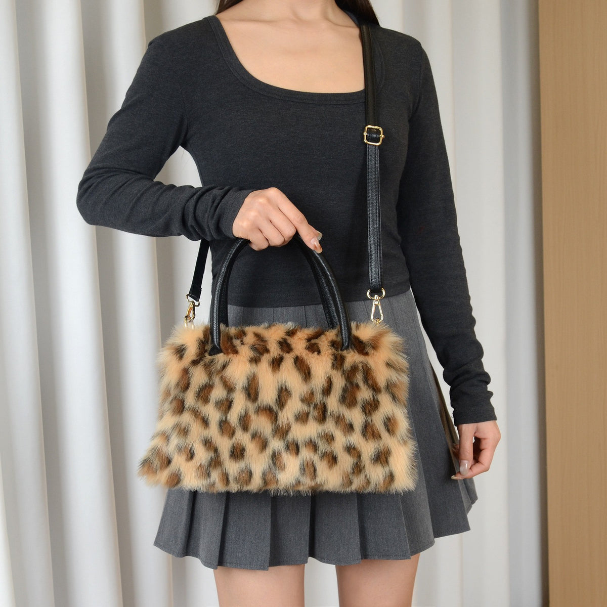 Fluffy Faux Fur Satchel with Shoulder Strap