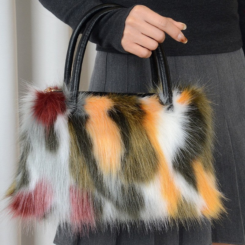 Fluffy Faux Fur Satchel with Shoulder Strap