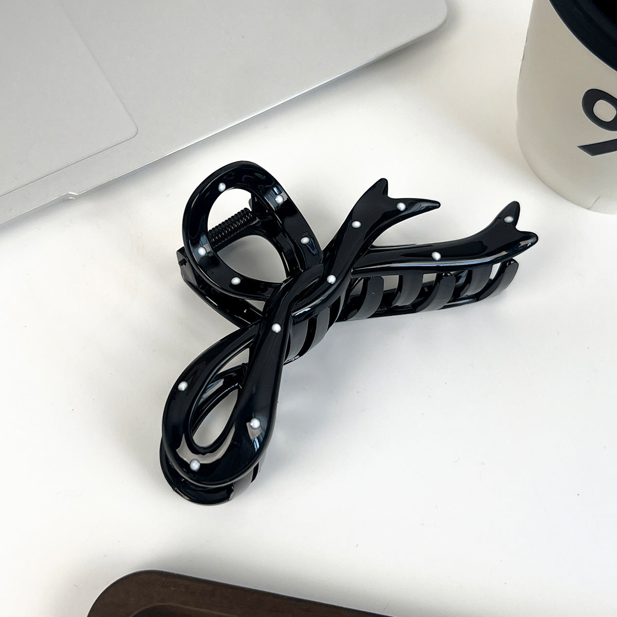 Polka Dot Bow And Arch Claw Clip - Black_Ribbon