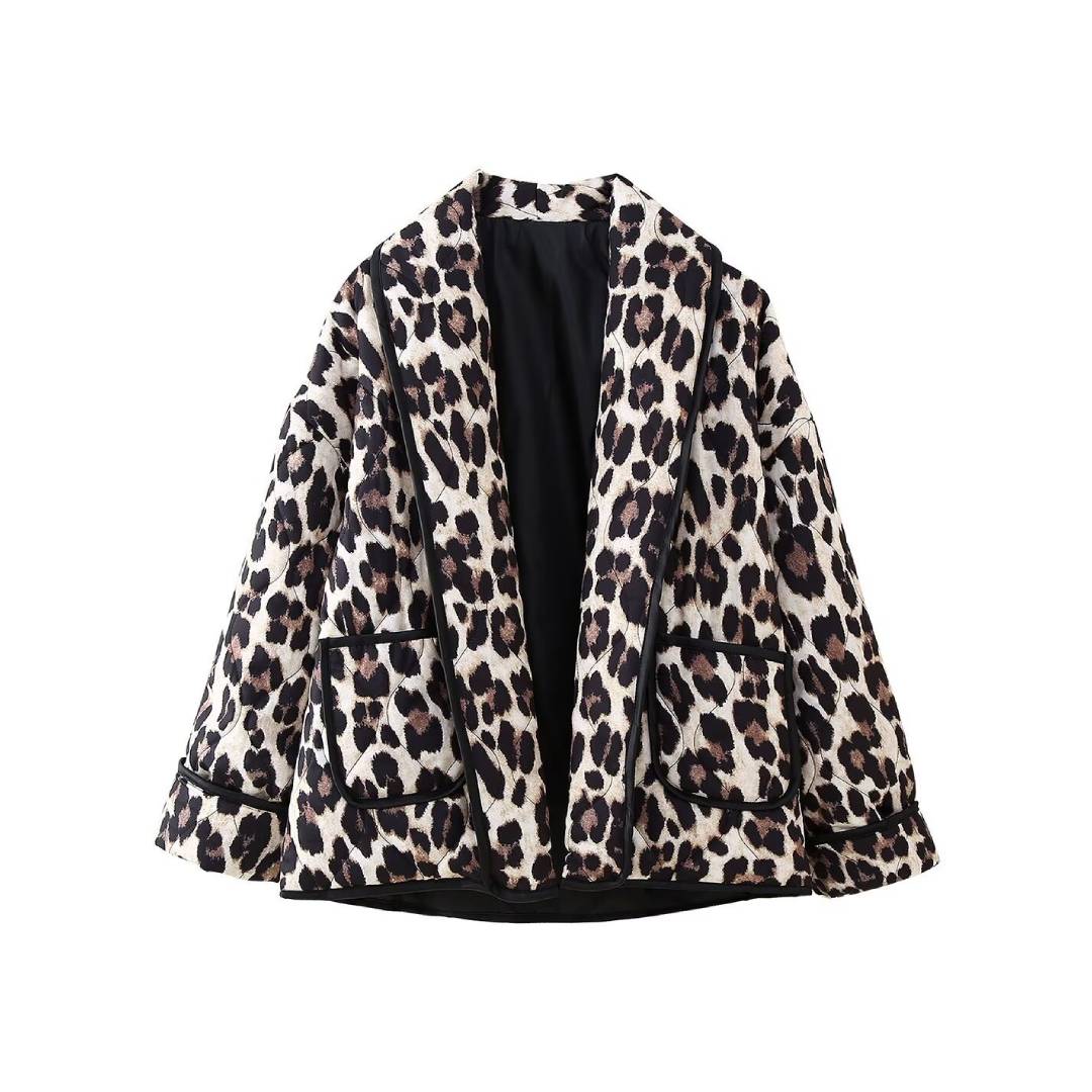 Reversible Leopard Padded Collarless Jacket - Black