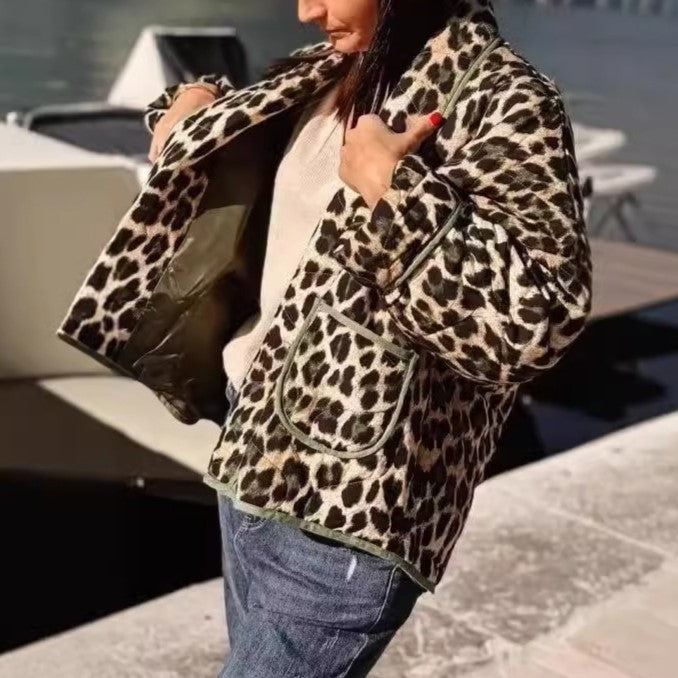 Reversible Leopard Padded Collarless Jacket - DarkGreen