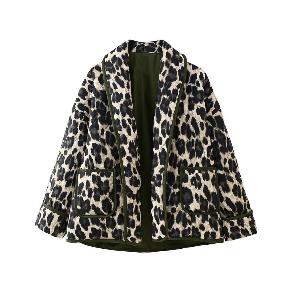Reversible Leopard Padded Collarless Jacket - DarkGreen - 1