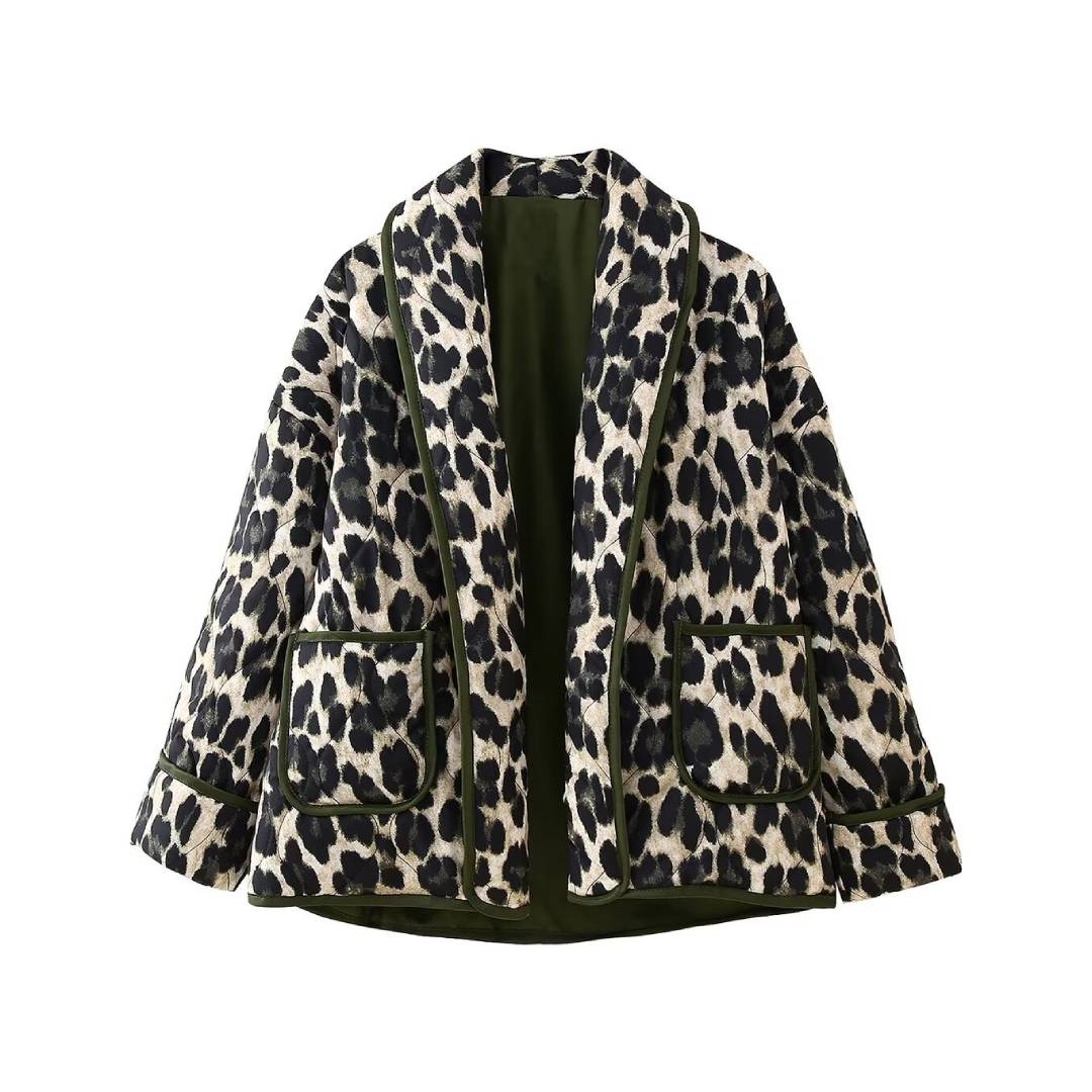Reversible Leopard Padded Collarless Jacket - DarkGreen - 1