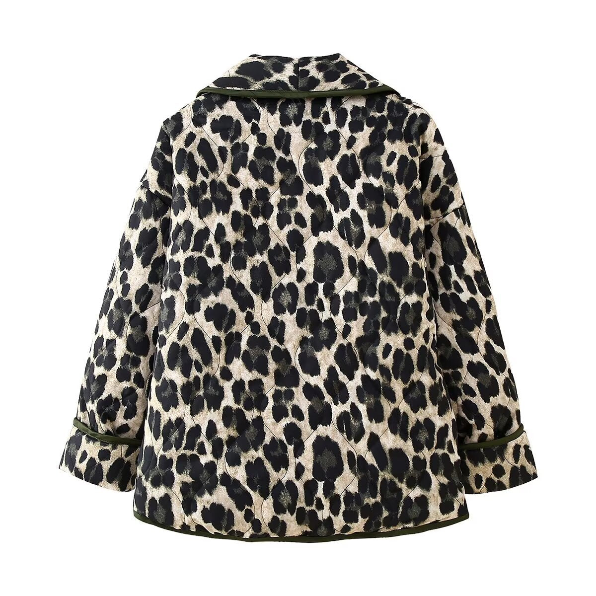 Reversible Leopard Padded Collarless Jacket - DarkGreen - 2