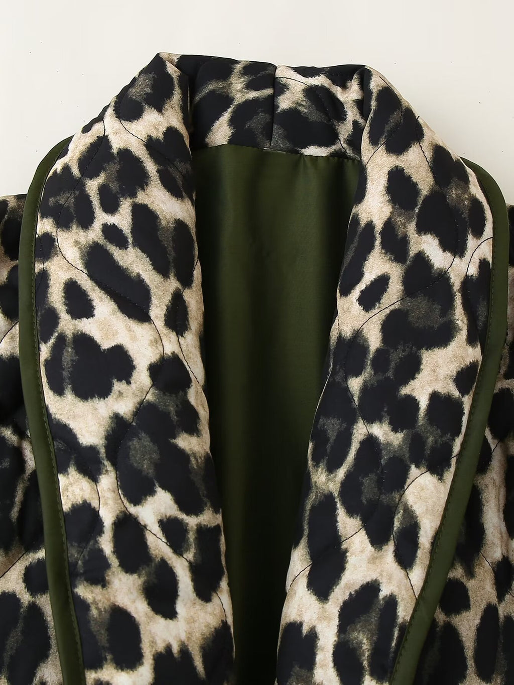 Reversible Leopard Padded Collarless Jacket - DarkGreen - 3