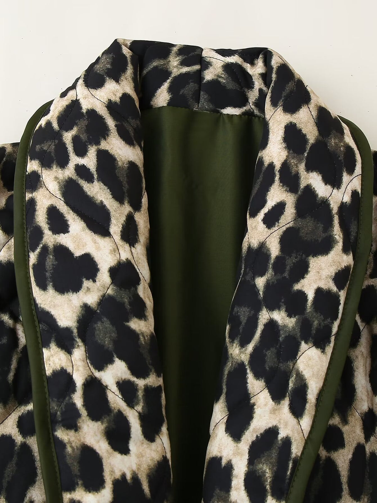 Reversible Leopard Padded Collarless Jacket - DarkGreen - 3