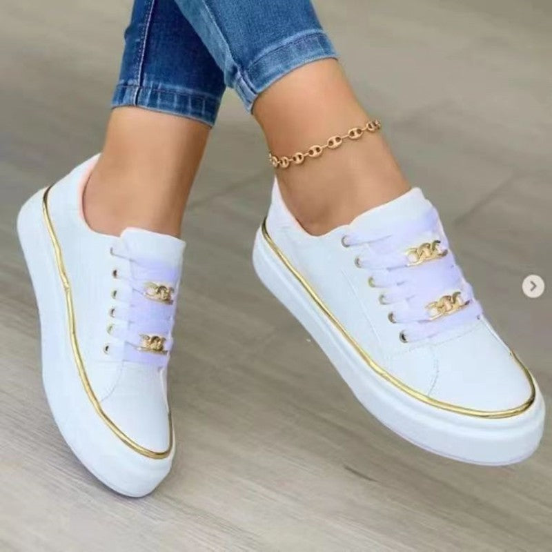 Chain Accent Lace-Up Platform Sneakers - White