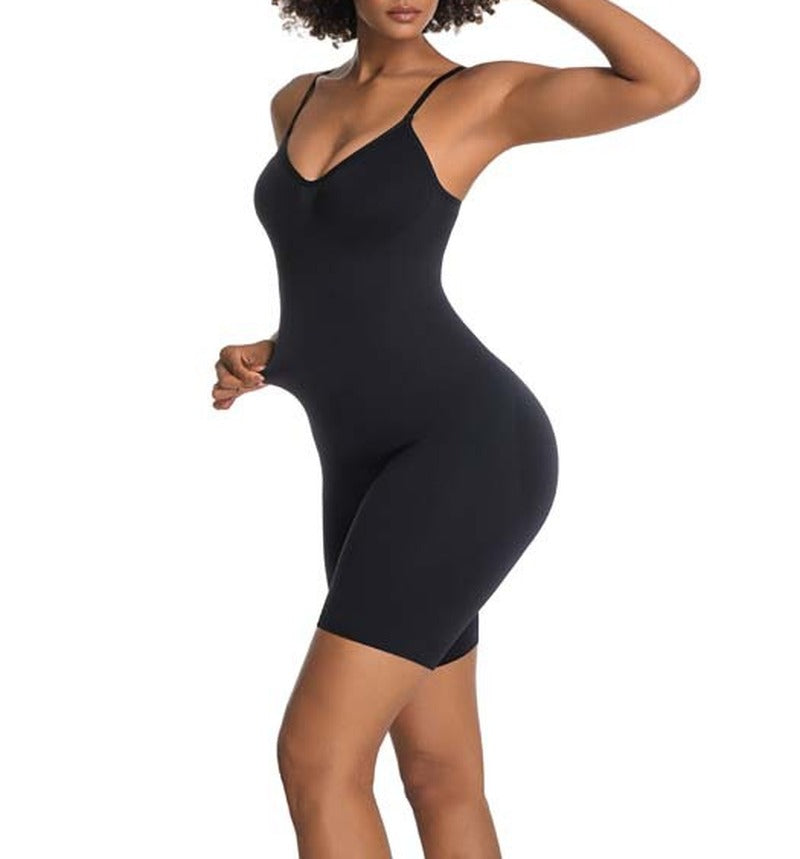 Seamless V-Neck Mid-Thigh Tummy Control Bodysuit - Black