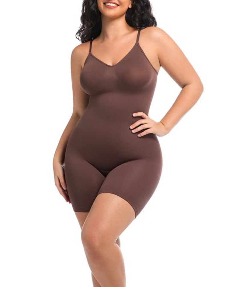 Seamless V-Neck Mid-Thigh Tummy Control Bodysuit - Brown