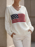 Flag Motif V Neck Oversized Knit Sweater - Beige