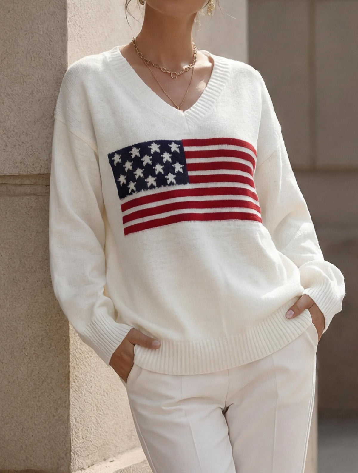 Flag Motif V Neck Oversized Knit Sweater - Beige