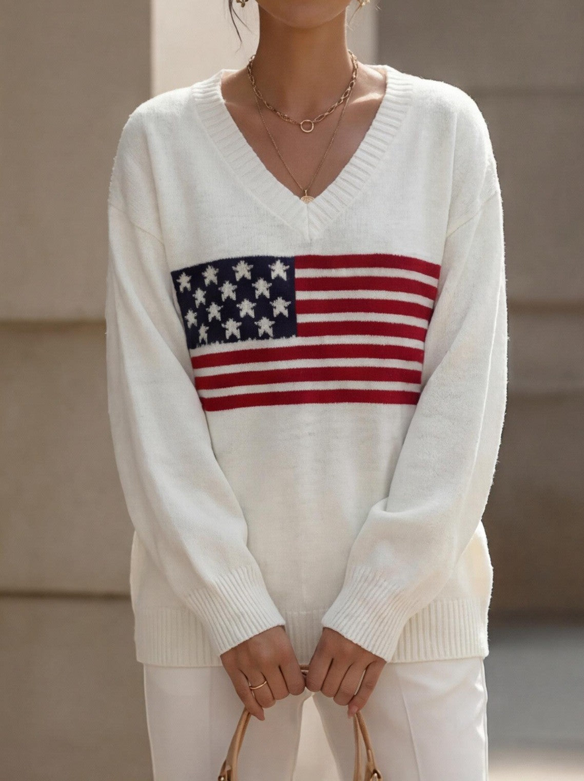 Flag Motif V Neck Oversized Knit Sweater - Beige - 1