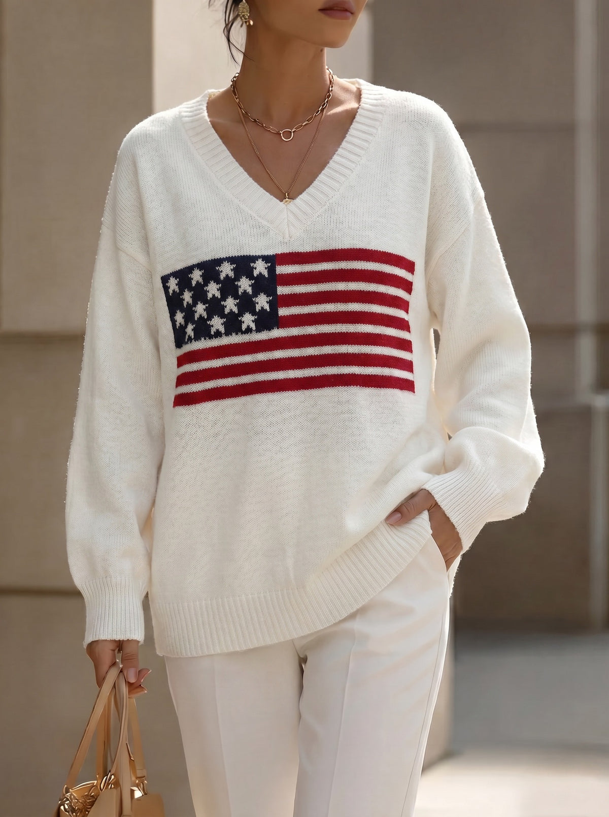 Flag Motif V Neck Oversized Knit Sweater - Beige - 2