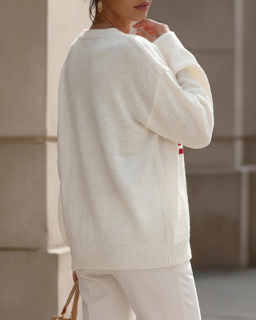 Flag Motif V Neck Oversized Knit Sweater - Beige - 3