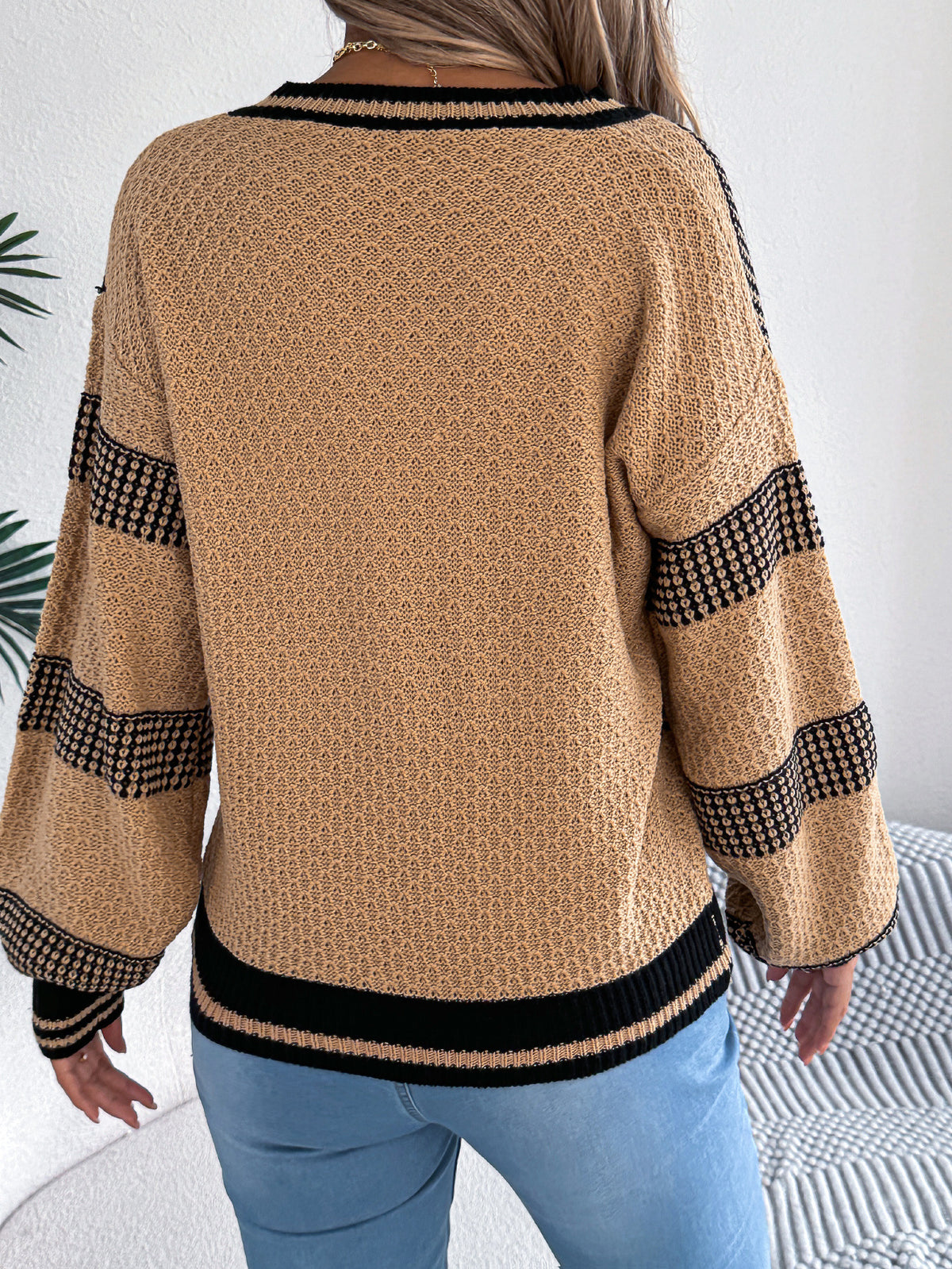 Striped Color Block V Neck Sweater - Khaki - 1