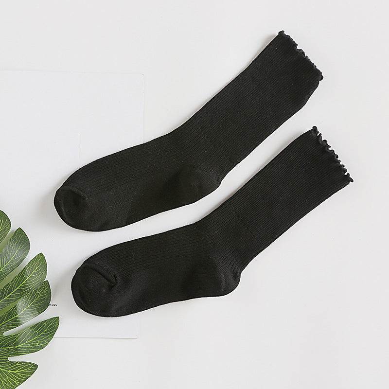 Ruffle Edge Ribbed Slouch Socks - Black