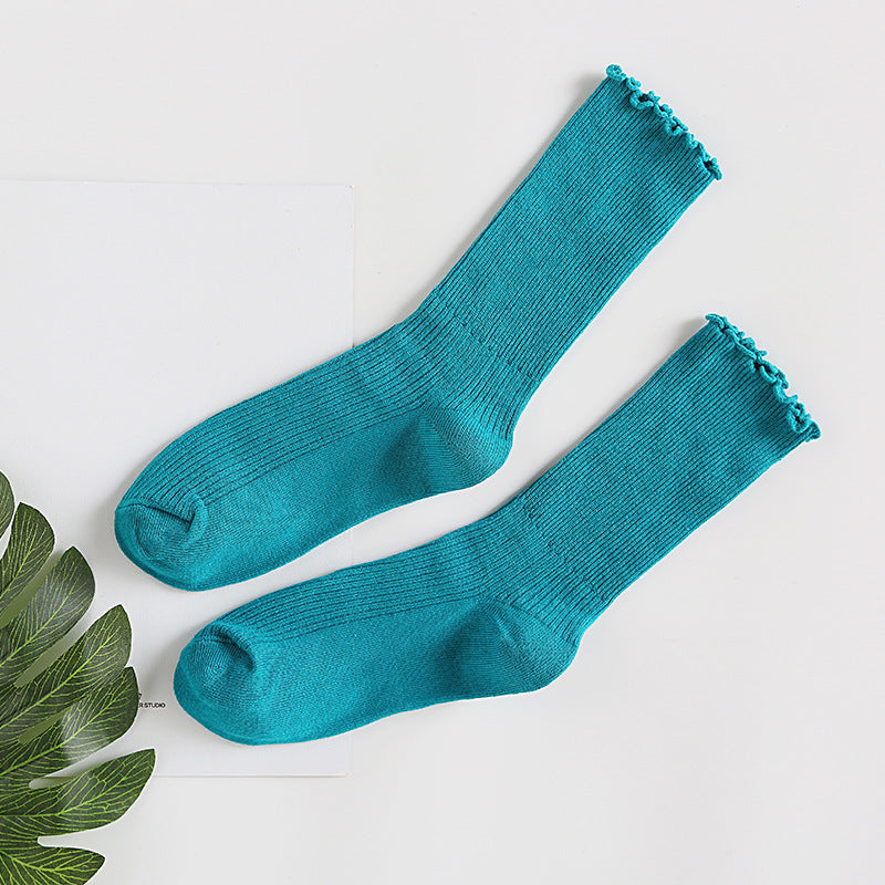 Ruffle Edge Ribbed Slouch Socks - Blue