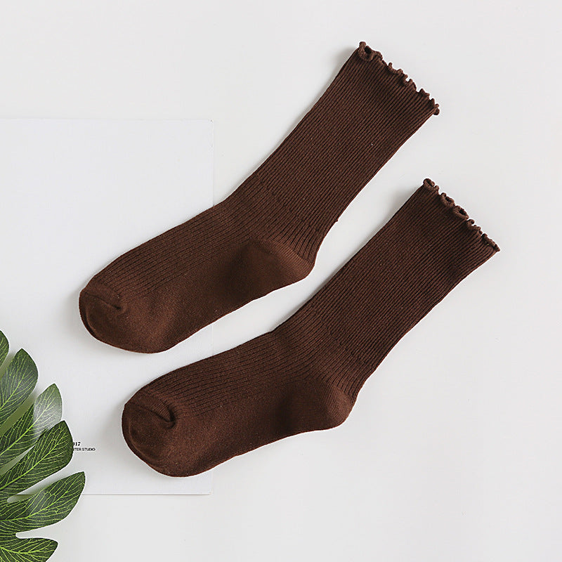Ruffle Edge Ribbed Slouch Socks - Coffee