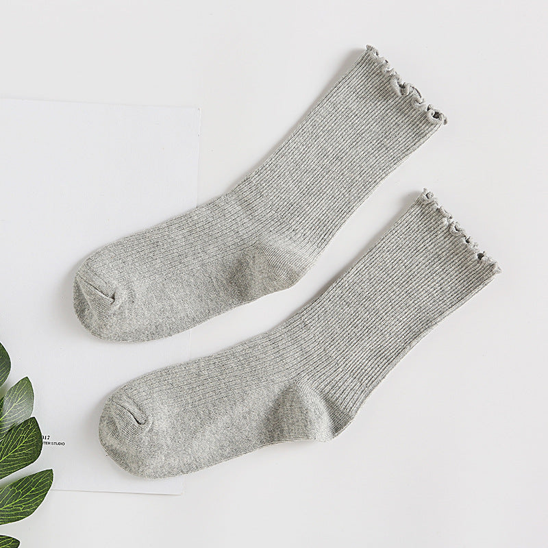 Ruffle Edge Ribbed Slouch Socks - Gray