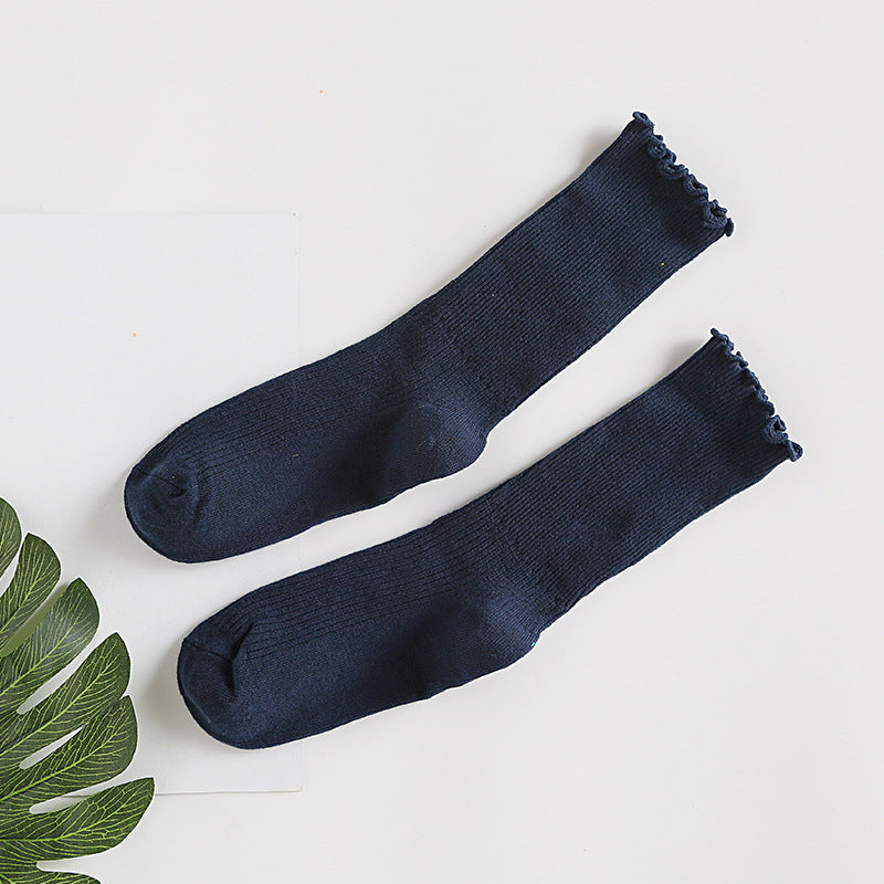 Ruffle Edge Ribbed Slouch Socks - NavyBlue