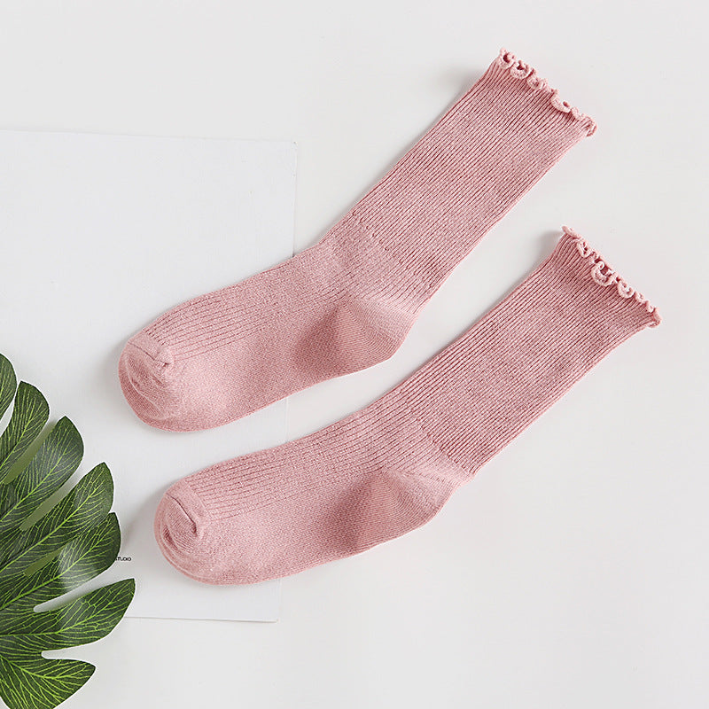 Ruffle Edge Ribbed Slouch Socks - Pink
