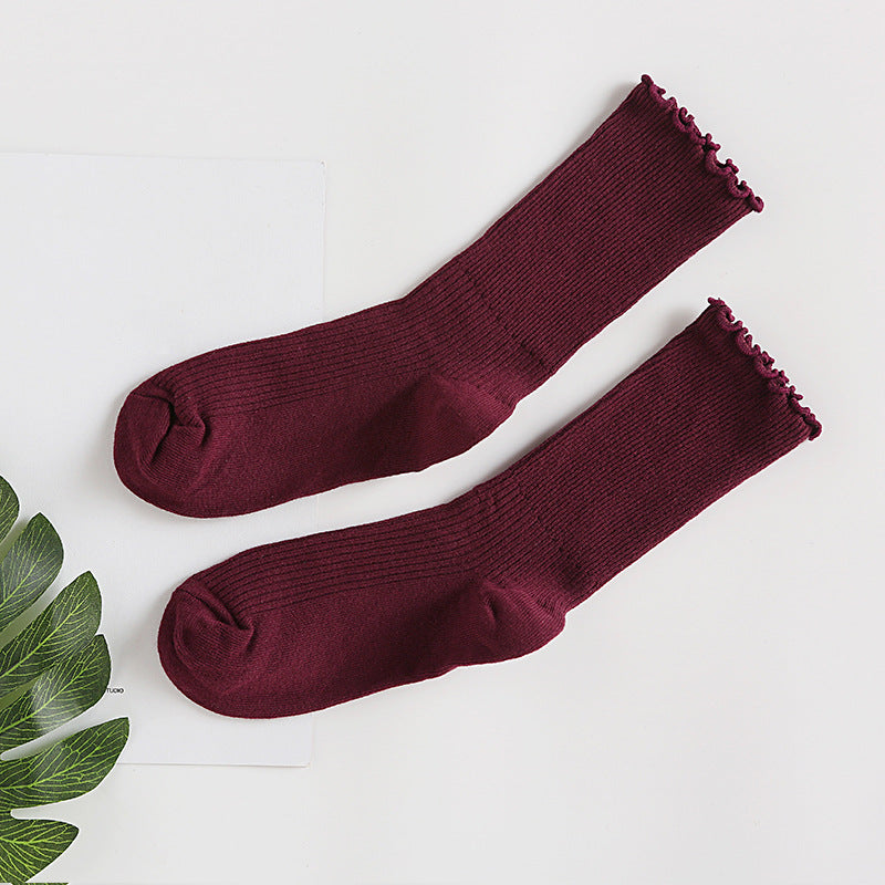 Ruffle Edge Ribbed Slouch Socks - Red