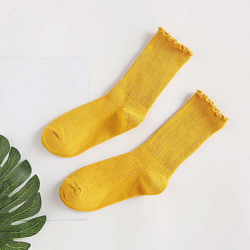 Ruffle Edge Ribbed Slouch Socks - Yellow