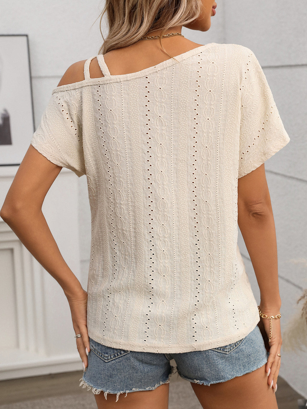 One Shoulder Strappy Eyelet Knit Top - Apricot - 3