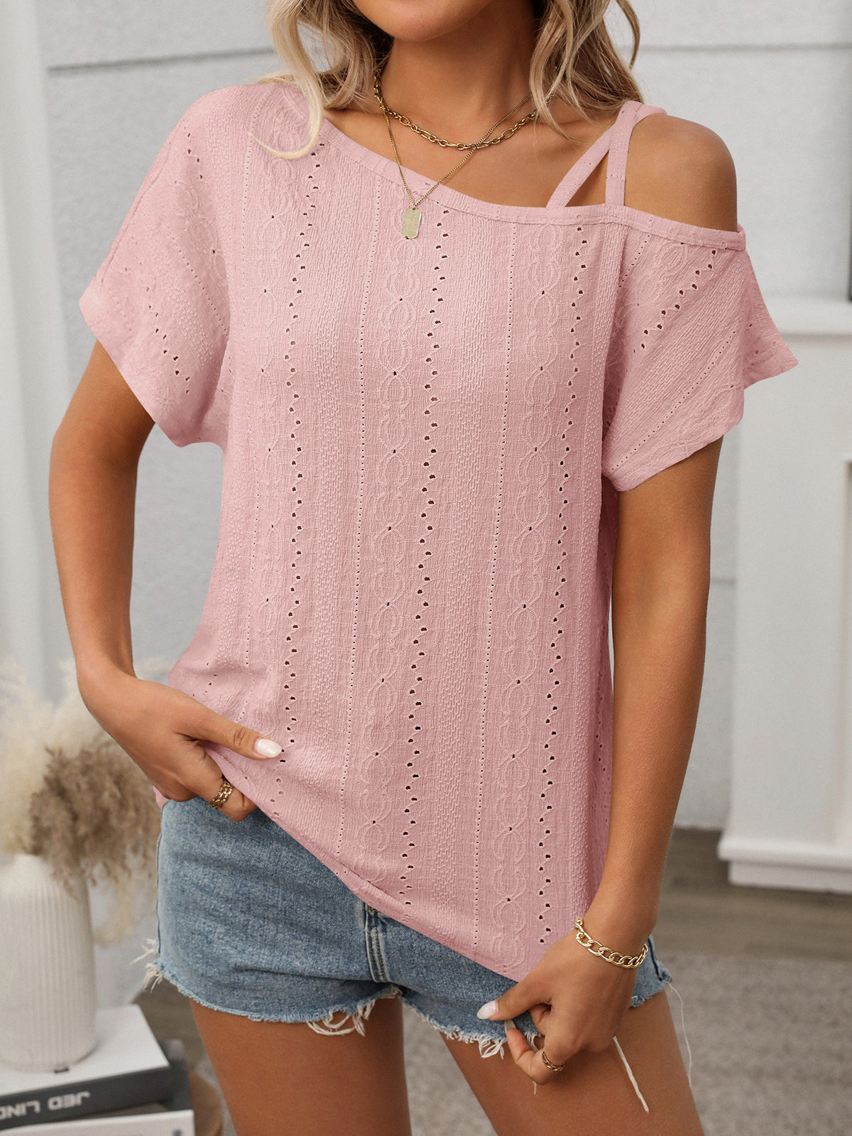 One Shoulder Strappy Eyelet Knit Top - Pink - 1