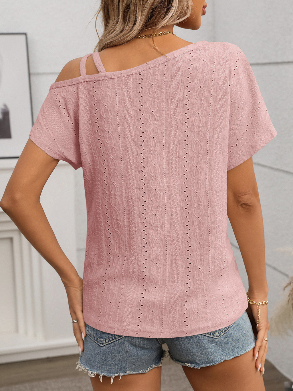 One Shoulder Strappy Eyelet Knit Top - Pink - 2